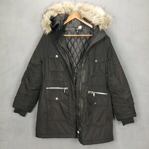 H&M Divided Parka Coat Women Medium Black Lined Removable Faux Fur Collar Winter